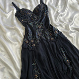 Dark Fairy Retro Navy Blue Fashion Elegant Beautiful Exquisite Gemstone Beaded Mid-Length Chiffon Ruffles Handmade Custom Prom Dress Evening Dress Party Dress Prom Dress HZ1023
