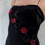 Black Vintage Elegant Delicate Rose Floral Beaded Long Velvet Ball Gown Evening Gown Birthday Party Gown Prom Gown HZ1023