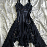 Dark Fairy Retro Navy Blue Fashion Elegant Beautiful Exquisite Gemstone Beaded Mid-Length Chiffon Ruffles Handmade Custom Prom Dress Evening Dress Party Dress Prom Dress HZ1023