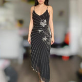 Black Vintage Fashion Elegant Sophisticated Stunning Silver Butterfly Beaded Long Chiffon Tulle Ball Gown Evening Dress Party Dress Prom Dress HZ1023