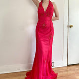 Vintage Fashion Playful and Sexy Bright Pink Deep V Delicate Floral Beaded Halter Long Satin Tulle Fairy Ball Gown Square Neck Prom Dress Evening Gown Birthday Party Dress HZ1023