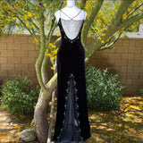 Vintage Black Velvet Gorgeous Exquisite Beading Elegant Spaghetti Strap Long Velvet Ball Gown Evening Dress Birthday Party Dress Prom Dress HZ1023