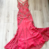 Pink Stunning Vintage Flowing Elegant Delicate Beaded Open Back Long Floor Length Mermaid Style Skirt Satin Ball Gown Evening Gown Birthday Party Gown Prom Gown HZ1023