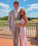 Pink Shiny Elegant Fashion V-Neck Mermaid Long Sequin Slit Sexy Floor-Length Ball Gown Evening Gown Party Dress HZ1023