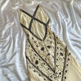 Cream color beige V neck exquisite elegant floral pattern long evening dress prom dress HZ1023