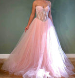 Pink Sparkling A-Line Long Beaded Elegant Halter Neck tulle Ball Gown Evening Dress HZ1023