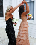 Nude elegant spaghetti strap long tulle tiered ball gown formal evening dress party dress HZ1023