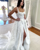 White fantasy square neck slit lace applique long tulle backless bridal gown wedding dress HZ1023