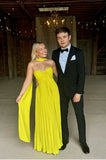 Yellow green fashion simple elegant tube top off shoulder long chiffon ball gown party dress evening dress with scarf Prom Dress HZ1023