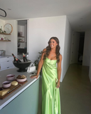 Green Fashion Elegant Spaghetti Strap Long Satin Ball Gown Evening Dress Wedding Guest Birthday Party Dress Prom Dress HZ1023