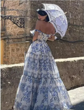 Blue white beautiful charming floral print sweetheart neckline A-line long chiffon ball gown evening dress wedding holiday party dress HZ1023