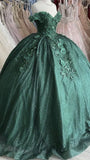 Off The Shoulder Green Ball Gown With Flowers Sweet 16 Dress HZ1023