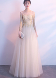 Beautiful Light Champagne Long Sleeves With Gold Applique, Charming Formal Gowns HZ1023