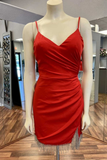 Red V-Neck Ruched Fringe Short Homecoming Dress HZ1023