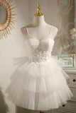 Multi-Tiered White V-Neck Short Party Dress HZ1023