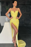 Spaghetti-Straps Sequins Prom Dress Mermaid Slit HZ1023