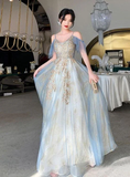 Charming Lace Light Blue V-Neckline Long Prom Dress, A-Line Formal Dress Evening Dress HZ1023