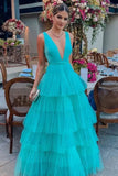 Blue fashion V-neck elegant A-line long floor-length tulle ball gown evening dress wedding guest party dress HZ1023