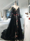 Black Long Sleeves Floor Length Formal Dress, Charming Party Dress HZ1023