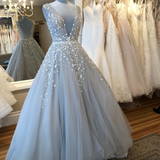 Light Grey Prom Dresses,Backless Prom Dress,Tulle Evening Dresses HZ1023