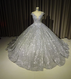 Silver gorgeous shiny elegant long exquisite sequin ball gown wedding dress modern evening dress custom dress HZ1023