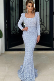 Silver Long Sleeves Square Mermaid Prom Dress With Sequins HZ1023