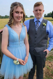 Sparkled Light Blue V-Neck A-Line Short Homecoming Dress HZ1023