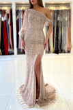 Long Sleeves Mermaid Prom Dress Split With Beadings HZ1023
