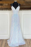 Silver Sequin V-Neck Empire Mermaid Long Prom Dress HZ1023