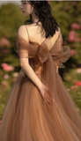 Beautiful Champagne Tulle Straps Long Formal Gown, Tulle Party Dresses Evening Dresses Prom dress HZ1023