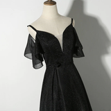 Beautiful Black Straps V-Neckline Long Party Dress, Black Formal Gown HZ1023