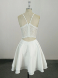 White v neck satin lace short prom dress, formal dresses, white homecoming dress HZ1023