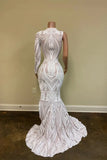 White One-Shoulder Long Sleeves Prom Dress Mermaid Sequins Lace With Split HZ1023