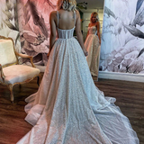 Glitter Wedding Dress A Line Shiny Tulle Straps Beaded Long Tail Bride Gowns HZ1023