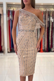 Luxurious One Shoulder Sheath Short Prom Dress Knee-Length With Crystals HZ1023