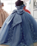 Blue gorgeous exquisite floral applique strapless long prom dress evening gown quinceanera dress sweet 16 years old dress HZ1023