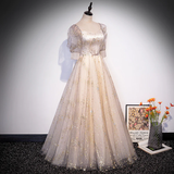 Light Champagne Short Sleeves Tulle Long Formal Dress, A-Line Floor Length Party Dresses HZ1023