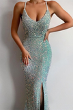 Spaghetti-Straps V-Neck Long Mermaid Prom Dress Split With Sequins HZ1023