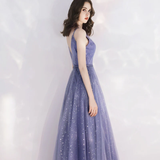 Charming Tulle Purple V-Neckline Long Formal Dress, Shiny Tulle Low Back Wedding Party Dress HZ1023