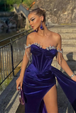 Velvet Off-the-Shoulder Beads Split Mermaid Prom Dress With Ruffles HZ1023