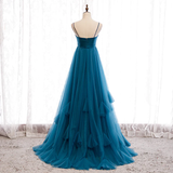 Beautiful Teal Blue Tulle Straps Long High Waist Prom Dress, Blue Evening Party Dresses HZ1023