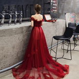 Wine Red Tulle With Beadings And Lace Off Shoulder Evening Gown, Wine Red Prom Dress HZ1023