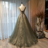 Beautiful Tulle With Applique Light Green Round Neckline Prom Dress, Low Black Long Formal Dress HZ1023