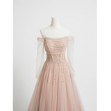 Pearl Pink Off Shoulder Long Sleeves Sequins Prom Dress, A-Line Party Dress Formal Dress HZ1023