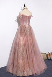 Unique Pink Sequins Tulle Off Shoulder Long Custom Size Senior Prom Dress HZ1023