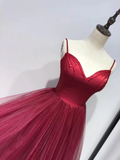 Beautiful Wine Red Straps Beaded Tea Length Wedding Party Dress, Prom Dress HZ1023