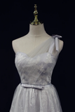 Beautiful Light Grey One Shoulder Lace-Up Bridesmaid Dress, Lovely Grey Party Dress HZ1023