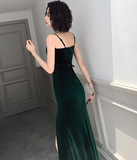 Dark Green Velvet Long Straps Floor Length Party Dress, Green Prom Dress Formal Dress HZ1023