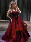 Blue v neck tulle sequin long prom dress blue formal dress HZ1023