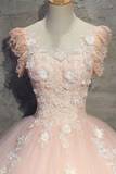 Light Peach Tulle Long Prom Dress With Flowers, Princess Ball Gown Sheer Neck Party Dress HZ1023